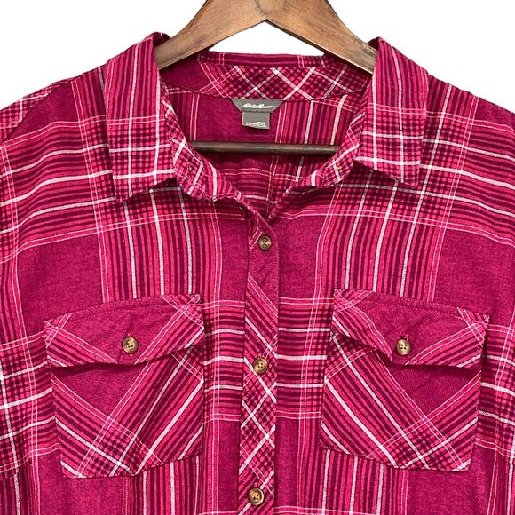 Eddie Bauer Button Front Shirt Women 2XL Pink Plaid Long Sleeves Pockets S56 - Picture 2 of 13